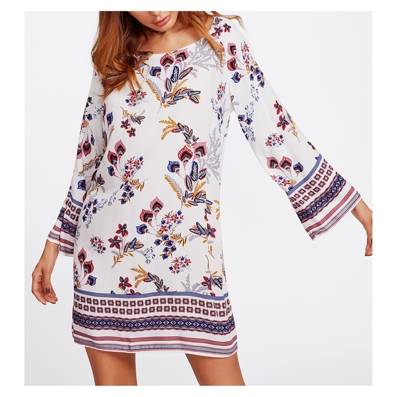 LAST ONE White Ornate Print Shift Boho Dress - Picture 3 of 5